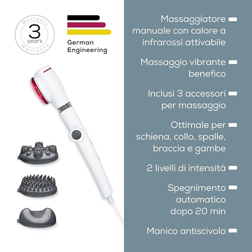 Beurer MG 44 Massaggiatore 2-in-1 con luce a raggi infrarossi attivabile, piacevole massaggio vibrante, manico regolabile a 3 gradi diversi, incl. 3 accessori per massaggio, 2 livelli di intensità - Immagine 5