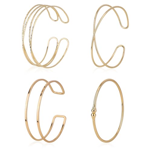 4pcs Arm Cuff Jewelry Set, Golden Adjustable Arm Band Bracelet Bangle Minimalist Classical Coil Armlet Accessories for Women Party Wedding
