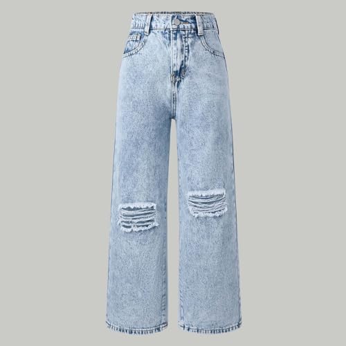 Girls Ripped Jeans Distressed Denim Cotton Baggy Pants Straight Wide Leg Lightweight Comfortable High Waist for 8-14Y2