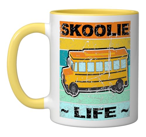Retro Skoolie Life Skoolie Bus Must Haves Men Women Skoolie Ceramic Mug, Yellow/White