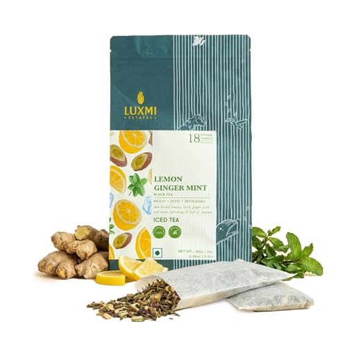 Luxmi Estates Cold Brew Iced Tea – Lemon Ginger Mint | Zero Calorie, Naturally Sweetened Black Tea with Real Lemon, Ginger & Spearmint | 18 Pitcher Bags | Serve as refreshers, coolers & mocktails