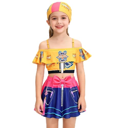 Phelgox Little Girls Two-Piece Swimsuit with Swim Cap Demon Movie Merch Hunter Costume Swimwear for Bathing Suits Yellow