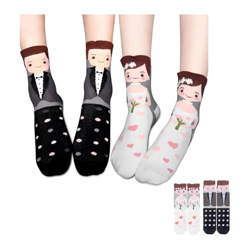 Meias de casamento, 2 pares conjunto de meias de casamento meias noivo e noiva decoração presentes de casamento exclusivos para meias de casamento para recém-casados com um padrão divertido, Branco,