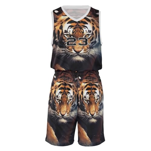 FLildon Wild Tiger Black Boys Basketball Jersey Set Tank Top Shorts Tracksuit Sport Training Suit for Kids, XL