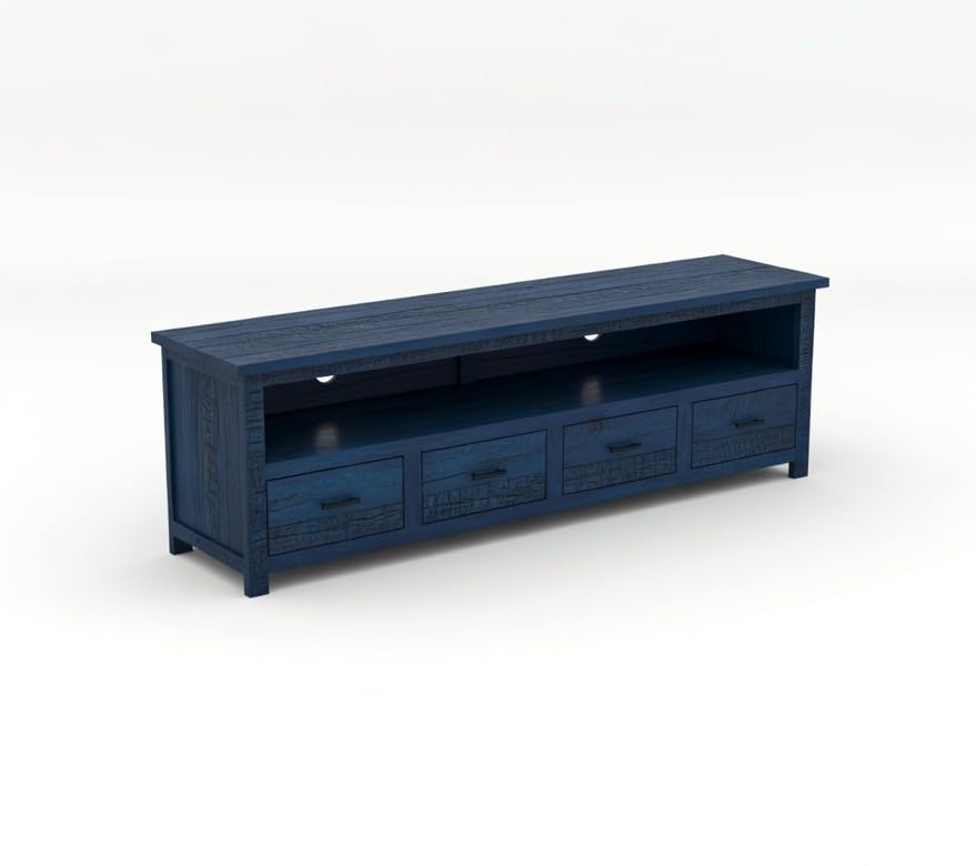 Image of Sheesham Solid Wood TV Cabinet for Living Room | Handcrafted Wooden TV Unit with Storage | Elegant Entertainment Stand for Modern Homes (4 Drawer Tv Cabinet, Rustic Blue)