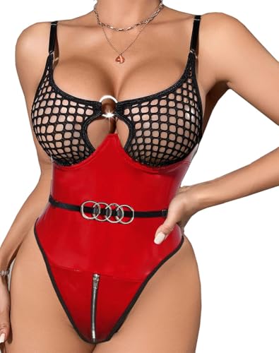 Myilewjt Leather Lingerie Bodysuit For Women Sexy Wet Look Clubwear Body Suit Underwire Exotic Fishnet Nightout Red Small