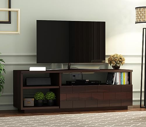 Image of Furniture Solid Sheesham Wood TV Unit with 3 Shelves and 1 Drawer Storage - Accommodates up to 55 Inch TV (Kane, Walnut Finish)