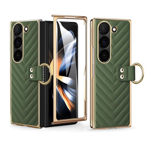 Étui en cuir Galaxy Z Fold 6 Vert chic avec motif V business et anneau