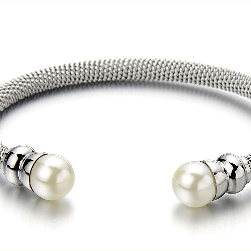 Classic Ladies Stainless Steel Bangle Bracelet with Synthetic White Pearl2