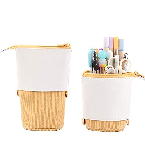 Estuche telescópico para lápices de papelería de pie con dibujos animados, de lona, con diseño de gato, perla, para estudiantes, adultos, suministros escolares, oficina, niños y niñas (amarillo) Cover