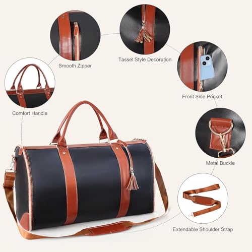 Image of Leather Garment for Garment Bags for Travel,Convertible Carry on Large Duffle Bags with Suit Compartment|Convertible Hanging Suitcase Suit Garment Bag for Men and Women|Shoe Pouch(Black)