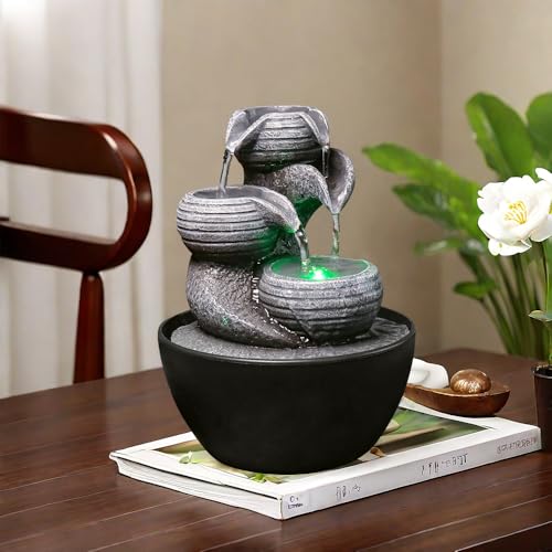 Indoor Tabletop Fountain 7Inch Round Base Waterfall, Soothing Sound Water Feature for Home Office Desk Decor, Small Water Fountain Indoor with LED Lights, Table Top Fountains Indoor Gift for Mom Women