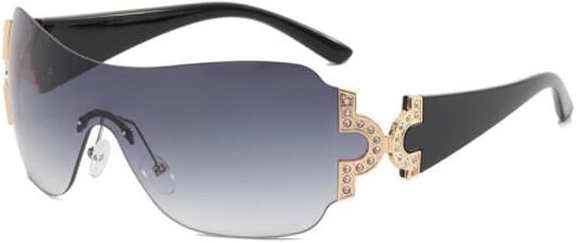 One Piece UV400 Anti Ultraviolet Sunglasses Rimless Futuristic Wrap Around Sunglasses Metal Diamond Sunglasses Black Frame Double Gray Flakes