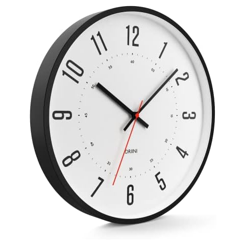 Driini Modern Mid Century Analog Wall Clock (12") - Large, Easy to Read Numbers; Black Metal Frame - Battery Operated with Silent Sweep Hands - Contemporary Decor for Office, Living Room, or Kitchen Cover