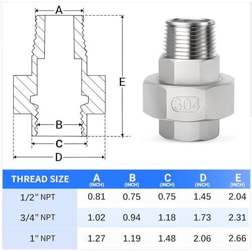 Image of ChillWaves 304 Stainless Steel Cast Pipe Fitting, Union,3 /4 inch NPT Male x 3 /4 inch NPT Female Thread Adapter(1-PACK)