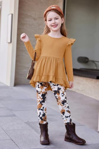 Image of Arshiner Toddler Girl Clothes Ruffle Trim Long Sleeve Pullover Top and Floral Print Leggings Fall Outfits Kids Clothing Sets