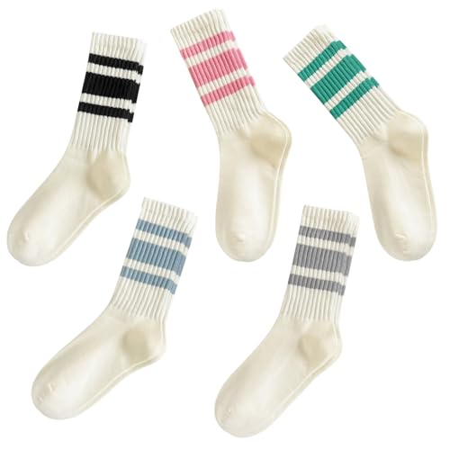 Retro Striped Crew Socks for Women Casual Soft Cozy Breathable Slouchy Athletic Calf Tube Socks
