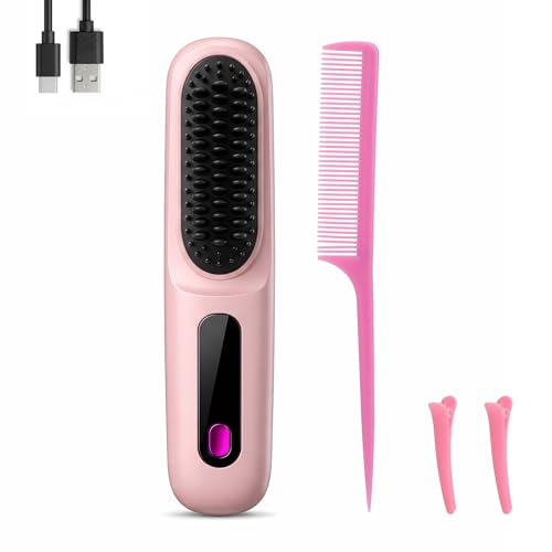 TNSLAND Spazzola Lisciante Senza Fili, Display LED Portatile, Spazzola Riscaldante in Ceramica,3 Livelli di Temperatura Portatile, Styling per Capelli Corti,Piastra Capelli da Viaggio e Uso Quotidiano