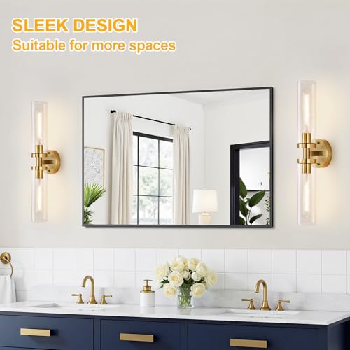 Image of Indoi Brushed Gold Wall Sconces, Hardwired Bathroom Sconces Wall Lighting with Clear Glass, Modern Sconces Wall Light fixtures for Bathroom Mirror Living Room Hallway Bedroom