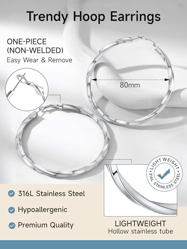 Image of Stainless Steel Chunky Hoop Earrings For Women, Minimalist and Chic, Black /Gold Plated, Round Hoops Earrings Hypoallergenic, Size: 30mm /40mm /60mm /80mm, Come with Box