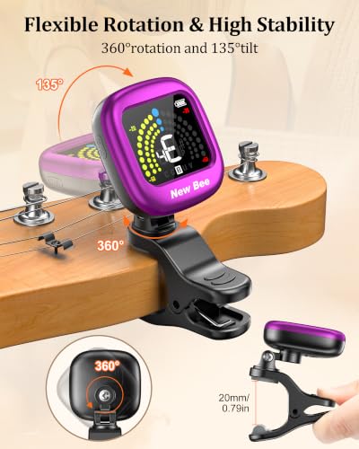 Image of New bee Guitar Tuner Rechargeable, Color Screen Clip On Tuner (Purple, 1 Pack)