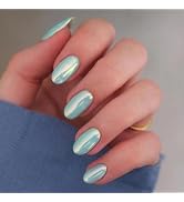 Blue Press on Nails Short Oval Fake Nails Aurora False Nails with Designs Chrome Mirror Full Cove...