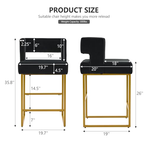 Image of 26 inch H Velvet Bar Stools Set of 6, Counter Height Bar Seats with Square Back, Modern Upholstered Armless Barstools with Metal Gold Legs for Kitchen Island Dining Room Bar, Black