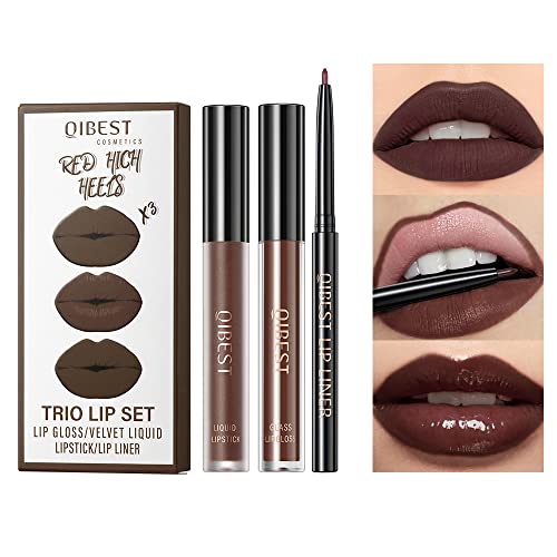 3Pcs Dark Brown Matte Liquid Lipstick, Lip Liner, Lip Gloss Trio Lip Set - One Step Lips Makeup Kits Waterproof Long-Lasting Moisturizing Velvety Nude Lip Stain Make Up Gift Set (11#) #TOP27
