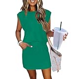 ETCYY NEW Womens Cap Sleeve Summer Dress Crew Neck Tie Front A-Line Dresses Double Layer Hem Mini Dress