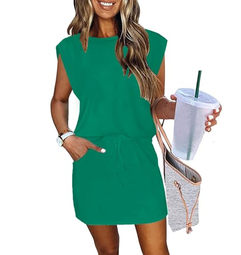 ETCYY NEW Womens Cap Sleeve Summer Dress Crew Neck Tie Front A-Line Dresses Double Layer Hem Mini Dress
