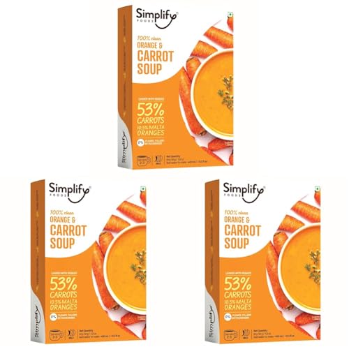 Image of Simplify Foods Carrot & Orange Instant Soup | Made with 53% Real Carrots & 10.5% Orange Pulp | Pack of 3 (Makes 500ml) | Just Add Hot Water | No Cooking Required | Clean Label | 0% Additives or Preservatives