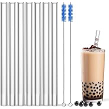 Borosilicate Glass Boba Straws Clear 10 inch 14mm - Reusable Extra Wide glass straws shatter resistant for drinking Bubble Tea & Smoothies, jumbo, BPA Free, Eco-Friendly with 2 Cleaner Brushes