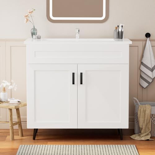 LDarqeer Waschbecken mit Unterschrank 90 cm breit, Freistehender Waschbeckenunterschrank, Badmöbel Set für Gäste-WC & Bad, 2 Soft-Close Türen, Waschtisch mit Keramikbecken, Weiße, Metallgriffe LDarqeer Waschbecken mit Unterschrank 90 cm breit, Freistehender Waschbeckenunterschrank, Badmöbel Set für Gäste-WC & Bad, 2 Soft-Close Türen, Waschtisch mit Keramikbecken, Weiße, Metallgriffe