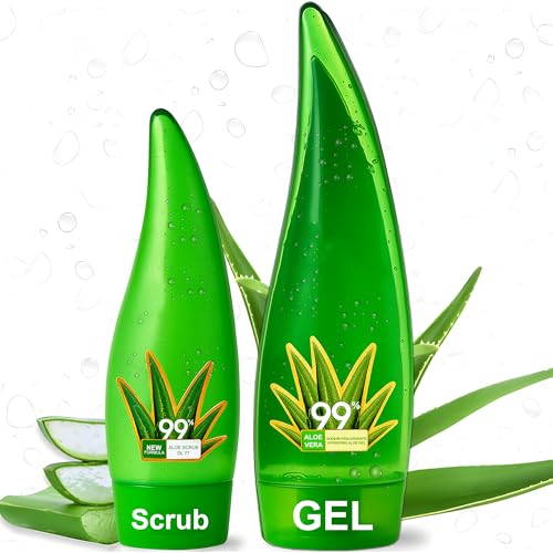 Pack of 2 | 99% Pure Organic Aloe Vera Gel + Aloe Vera Body Scrub Skincare Set – Natural Hydrating & Soothing Face & Body Combo for Dry Sensitive Skin - Safe for Both Adults & Childern