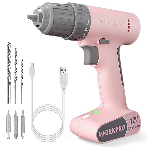 Image of WORKPRO Pink Cordless Drill Driver Set, 12V Electric Power Drill Tool Kit with 6 Pcs Bits, 3/8-Inch Keyless Chuck, Variable Speed, 18 Touque Setting, Type-C Charge Cable, Led Light, Pink Ribbon