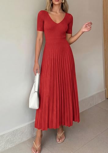 Image of PRETTYGARDEN Women's 2026 Spring Midi Sweater Dresses Elegant Pleated Ribbed Knit Short Sleeve V Neck A Line Summer Outfits