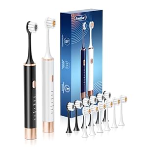 Sonic 2 Pack Electric Toothbrush for Adults and Kids, Travel Toothbrush Includes 12 Replacement Toothbrush Heads, 6 Modes with 2 MIN Smart Timer (Black White)