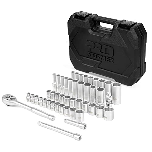Prostormer 46-Piece Drive Socket Wrench Set, 3/8 Impact Socket Mechanic Tools Sae/Metric With 72 Tooth Ratchet, Universal Joint, Extension Bars #TOP1