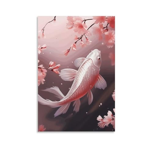 Toile cerisier et carpe rouge sans cadre de 60x90 cm pour decoration murale