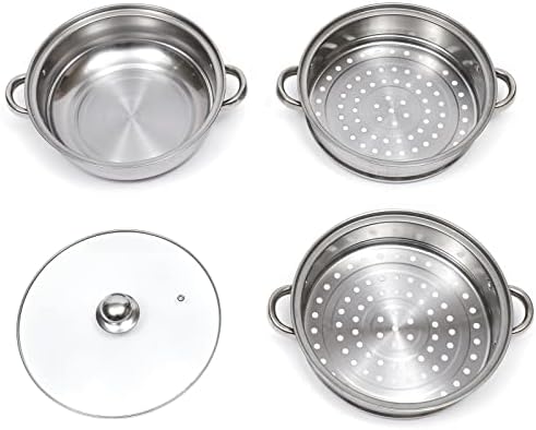 3 Tier Steamer Set 28cm Stainless Steel Food Steam Pots Cooker with Tempered Glass Lid