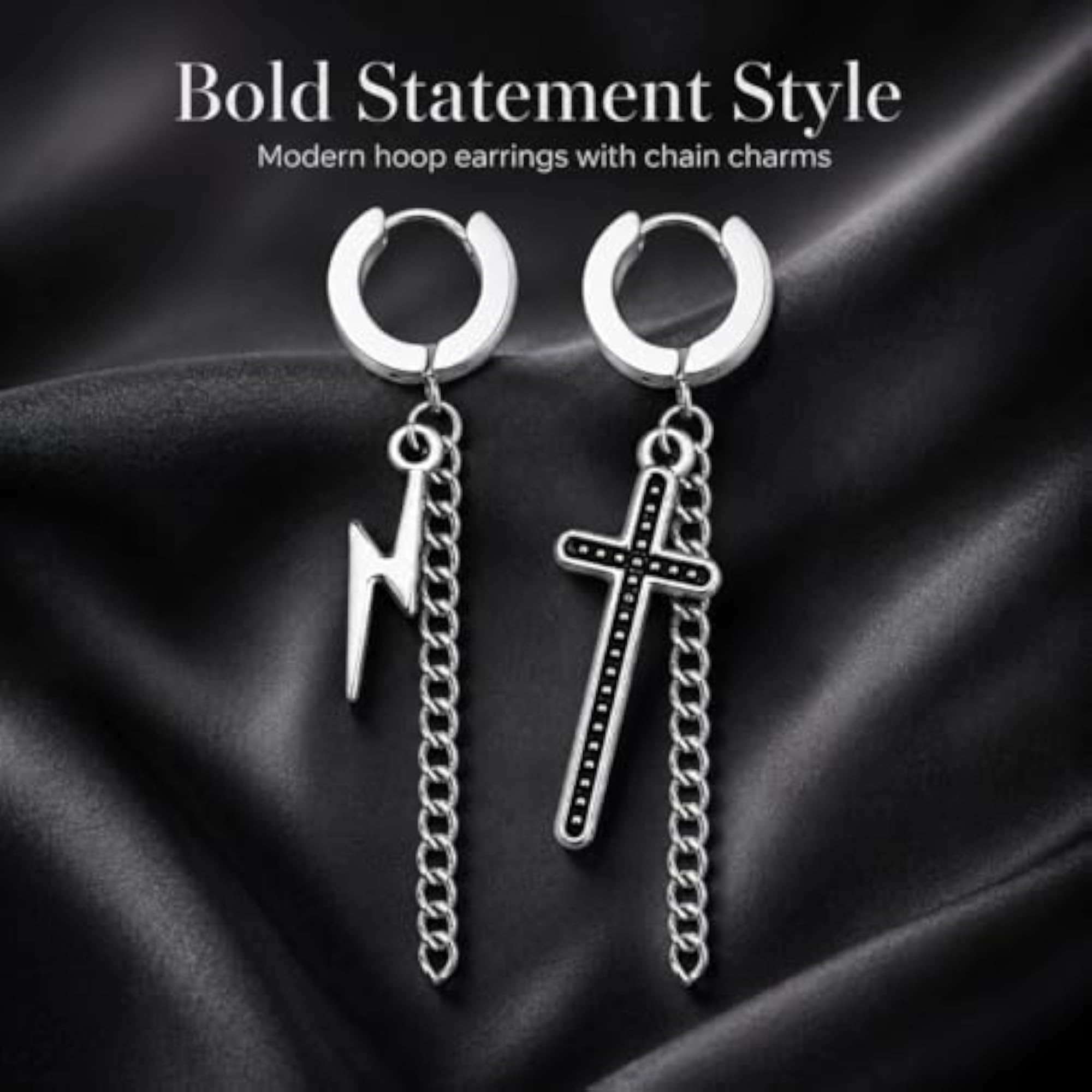 Zikzak Chain Black and Silver Stainless Steel Earrings, Unisex