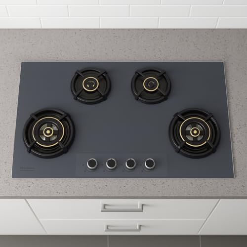 Image of Hindware Graphite 4B 86CM Built in Hob With Flame Failure Device | Matt Grey Frost Glass with Coated SS Strips | Silver Metallic Finish & Jet Black Knobs | Stainless Steel Automatic Hob