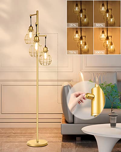 Bulbeats Dimmable Mid Century Modern Floor Lamp With 0%-100% Dimmable Brightness 3Pcs E26 Led Bulbs (Included) Gold Tree Floor Lamps For Living Room/Bedroom #TOP24