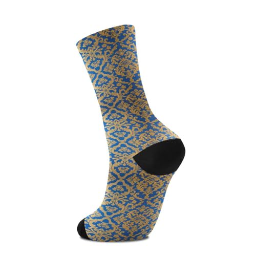 Blue and Gold Baroque Vintage Flowers men's crew socks running casual wicking black socks for men (2-Pair)3