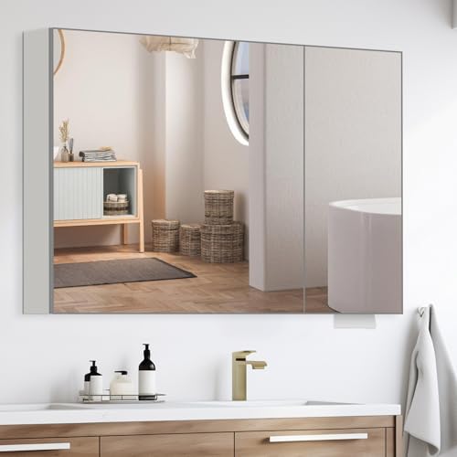 Medicine Cabinet Mirror with Storage - 24x36 Inch Pre-Assembled Medicine Cabinets Mirror for Bathroom, Surface/Recessed Wall Mounted Farmhouse Large Medicine Cabinet, Sliver by Koestem - Used condition - CA$218.54
