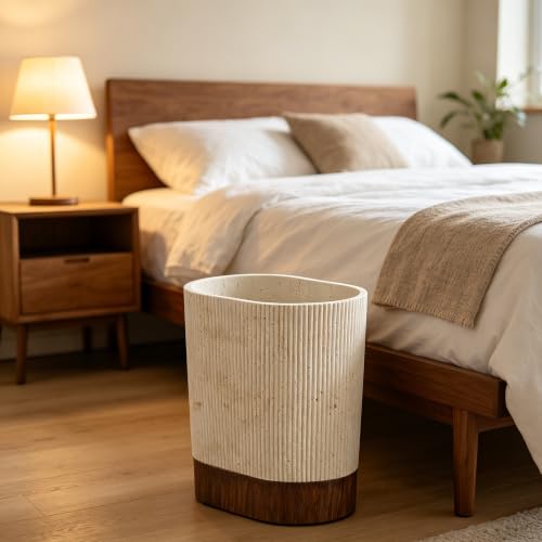 Image of Polytree Natural Travertine Match Wooden Bathroom Trash Can 1.8 Gallon(7 Liter) Small Kitchen Garbage Can,Living Room Bedroom Trash Can, Decor Wastebasket for Home Office (Handmade of Resin)