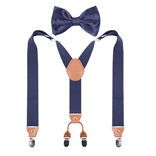Image of Suspenders Bow Tie for Mens and Women Heavy Duty Elastic Wide Suspenders Strong 4 Metal Clips Adjustable