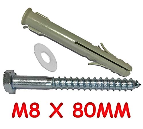 Inbrackets Value 10 PACK OF M8 x 80mm Masonry Brick Wall Fixing Screw Bolts with Plugs & Washers HEAVY DUTY ANCHORS for Aerial Satellite Sky Dish Fence shelves decking Mounting (10) - Image 2