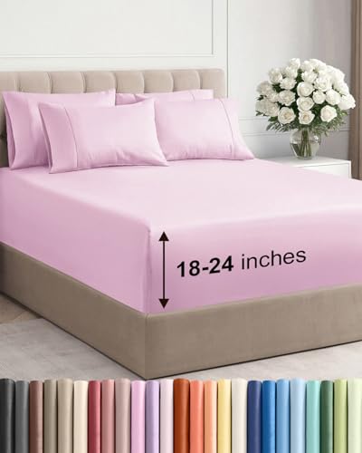 Image of Extra Deep Full Sheet Set - 6 Piece Breathable and Cooling Sheets - Hotel Luxury Bedding for Women, Men, Kids & Teens - Easy & Secure Fit - Soft, Wrinkle Free & Comfy - Extra Deep Pockets - Light Pink