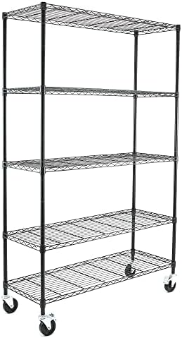 EFINE 5-Tier NSF Certified Storage Shelves, Heavy Duty Steel Wire Shelving Unit with Wheels and Adjustable Feet, Used as Pantry Shelf, Garage or Bakers Rack Kitchen Shelving - (18"x48"x72" Black)